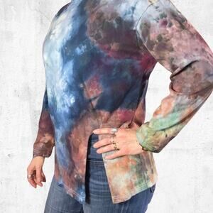 Ice Dyed Long-sleeve Tee - Split Hem Top - Bronze Gold Seafoam (Women's Medium)